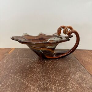 Art Glass Bowl Candy Dish Brown Swirl Unique Handle Decorative Centerpiece Decor